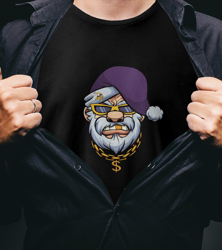 Vikings Gangster Santa With Purple Hat And Gold Chain T-Shirt