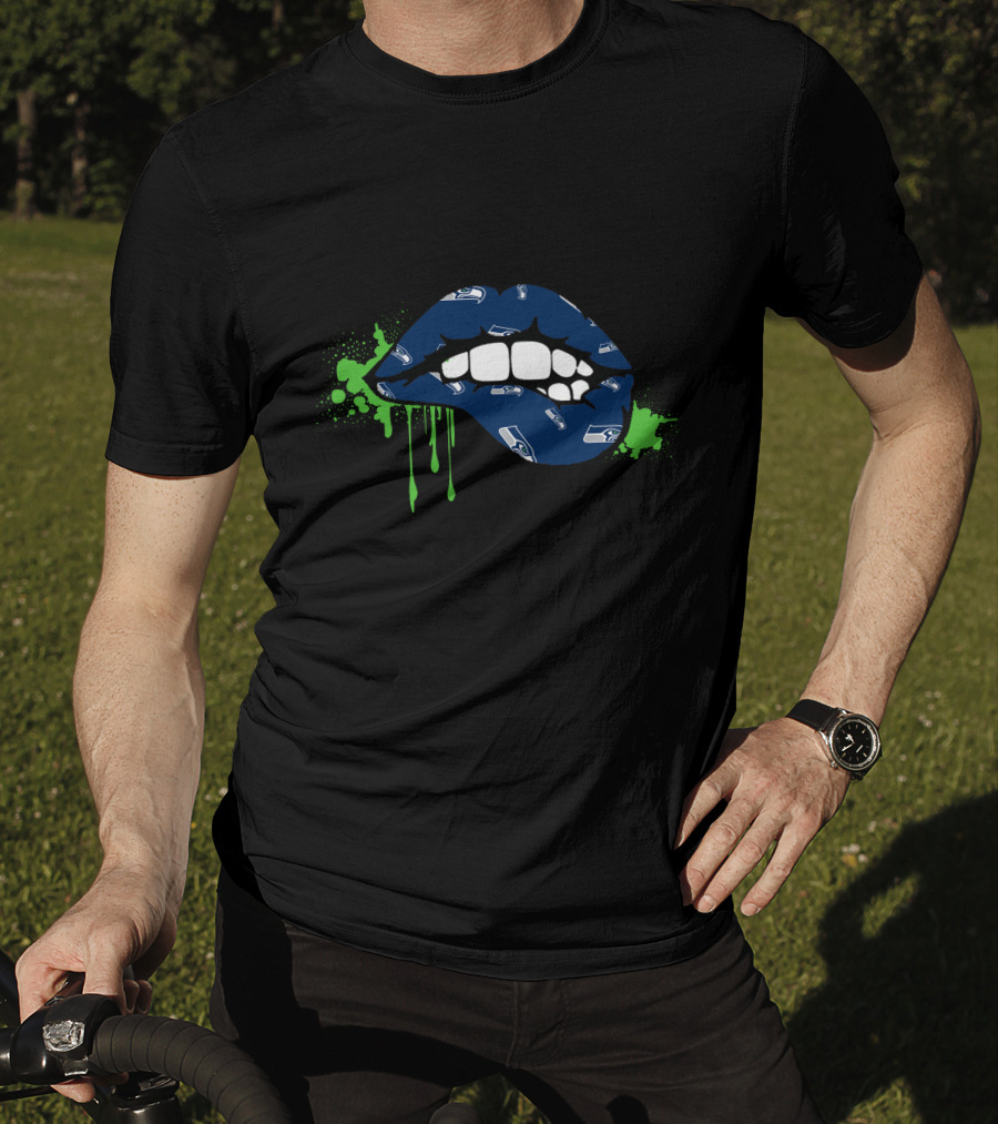 Seahawks Logo Dripping Lips In Blue And Green T-Shirt