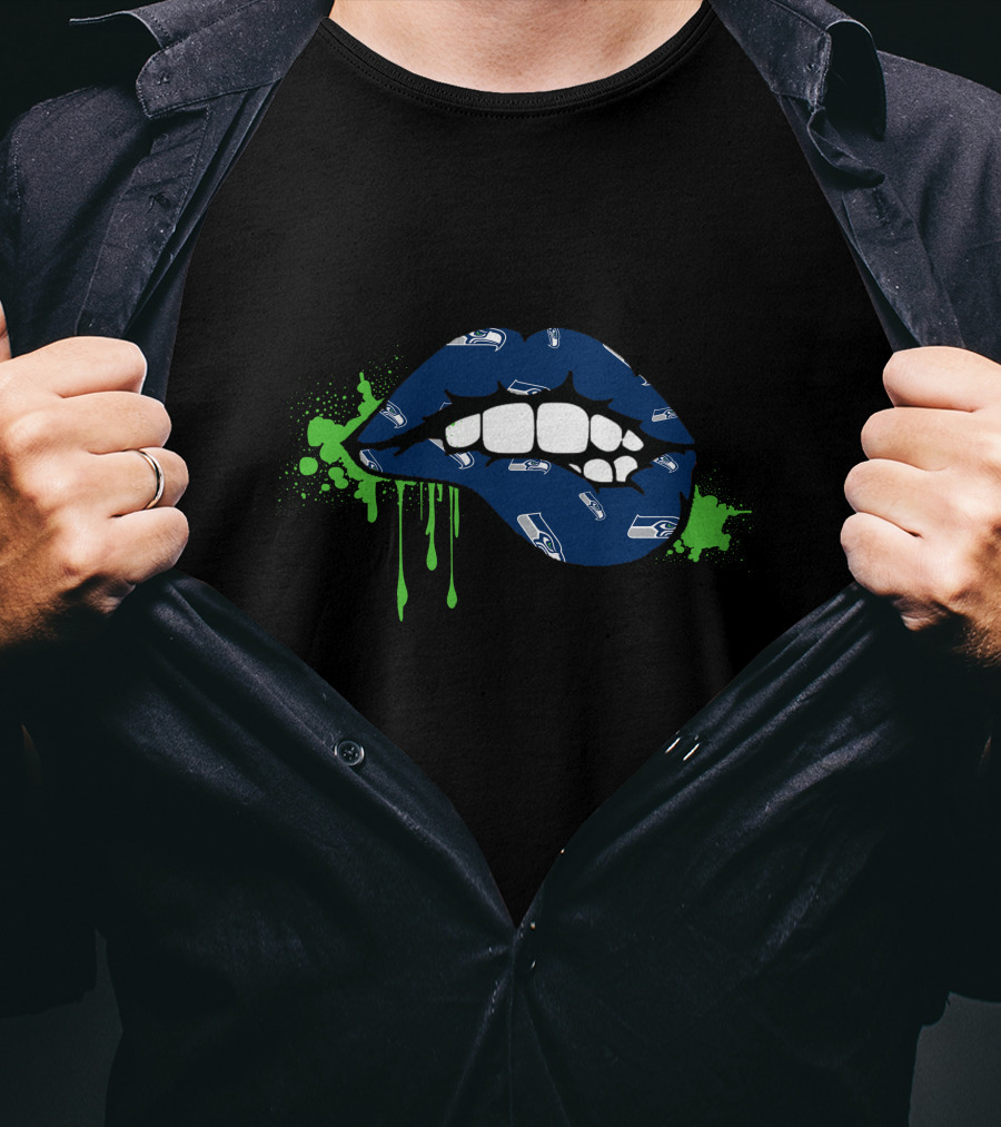 Seahawks Logo Dripping Lips In Blue And Green T-Shirt