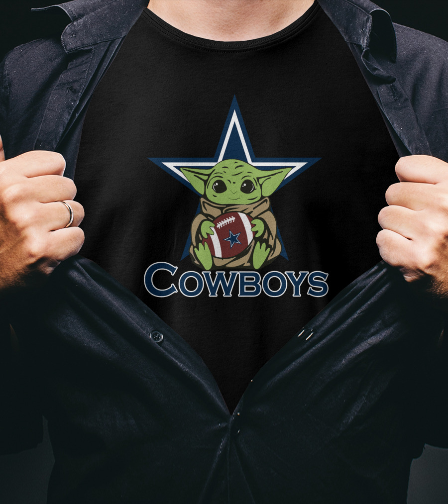 Cowboys Baby Yoda Holding Football Star Wars Mandalorian Dallas Star T-Shirt