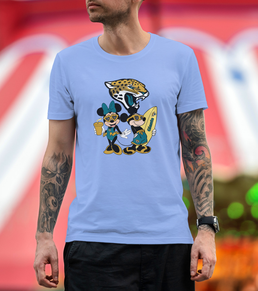 Jaguars Mickey And Minnie Happy Vacation With Surfboard And Drink T-Shirt