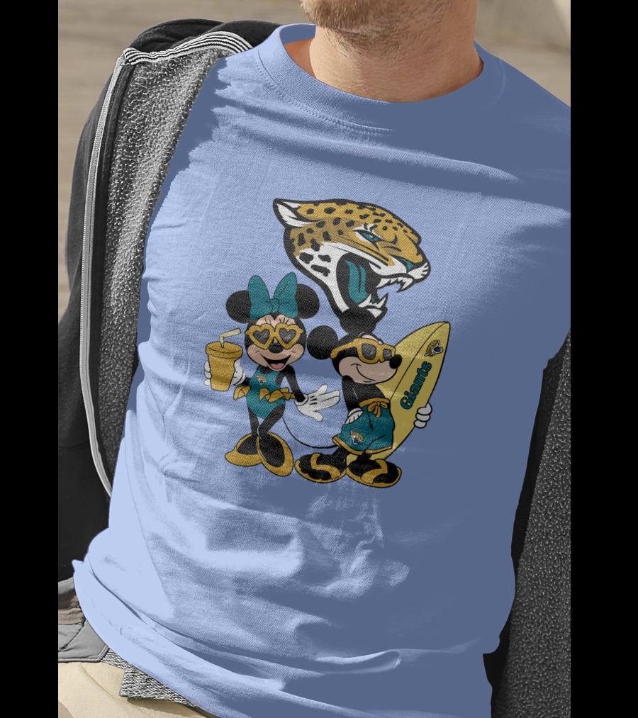 Jaguars Mickey And Minnie Happy Vacation With Surfboard And Drink T-Shirt