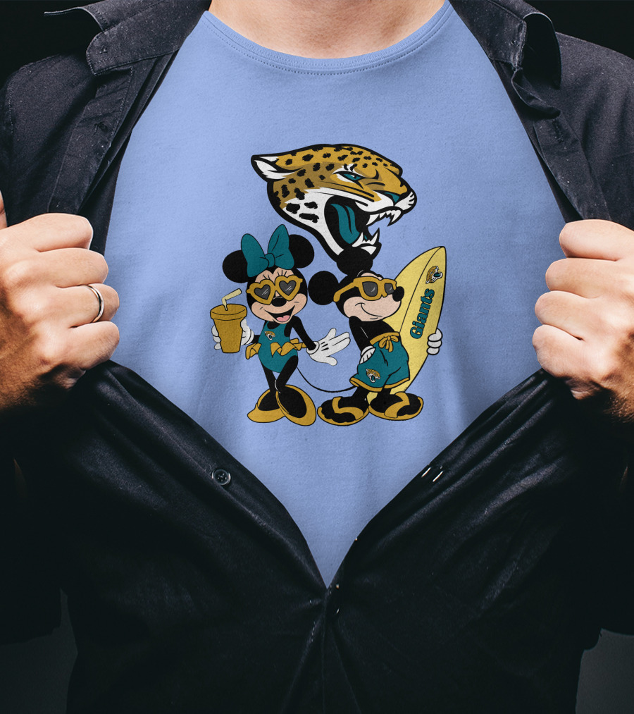 Jaguars Mickey And Minnie Happy Vacation With Surfboard And Drink T-Shirt