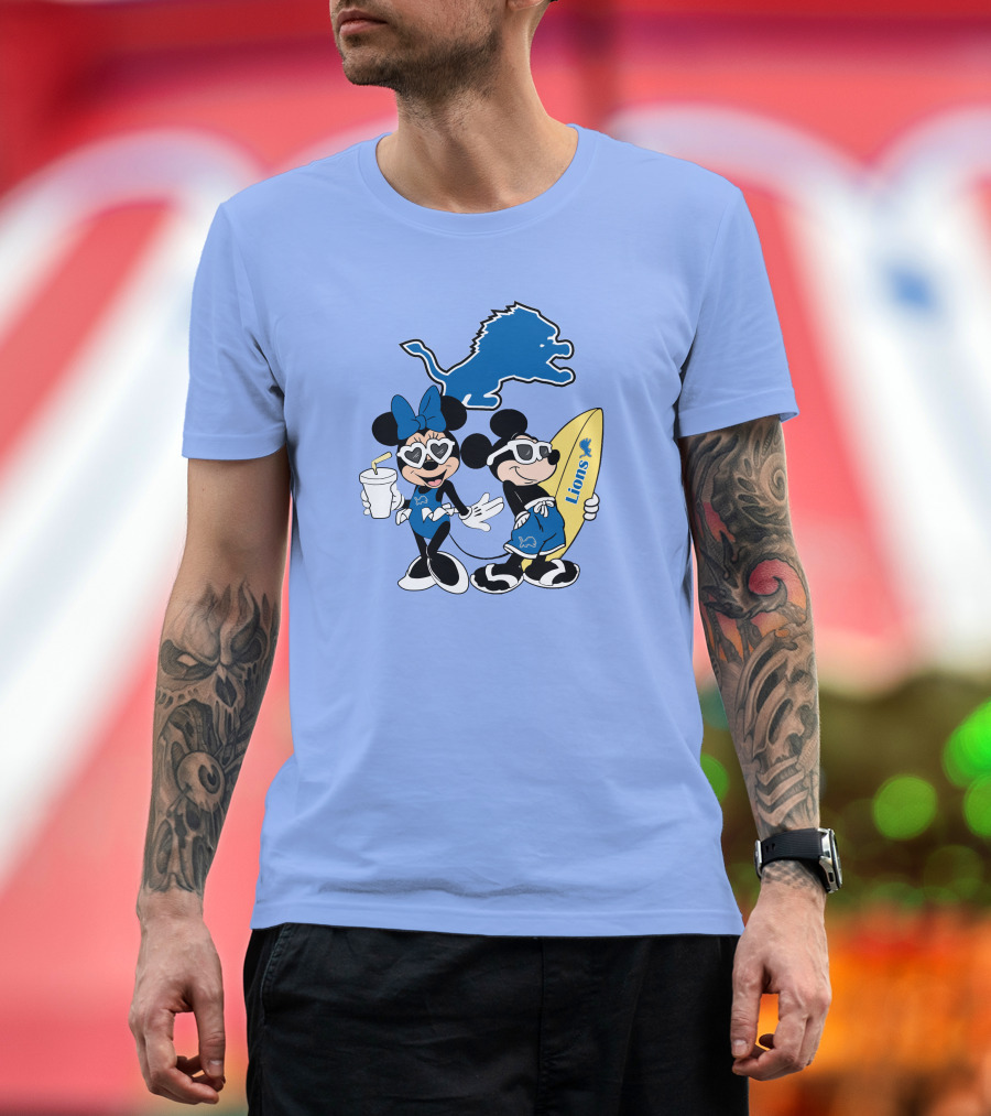 Lions Mickey And Minnie Happy Vacation With Surfboard And Drink T-Shirt