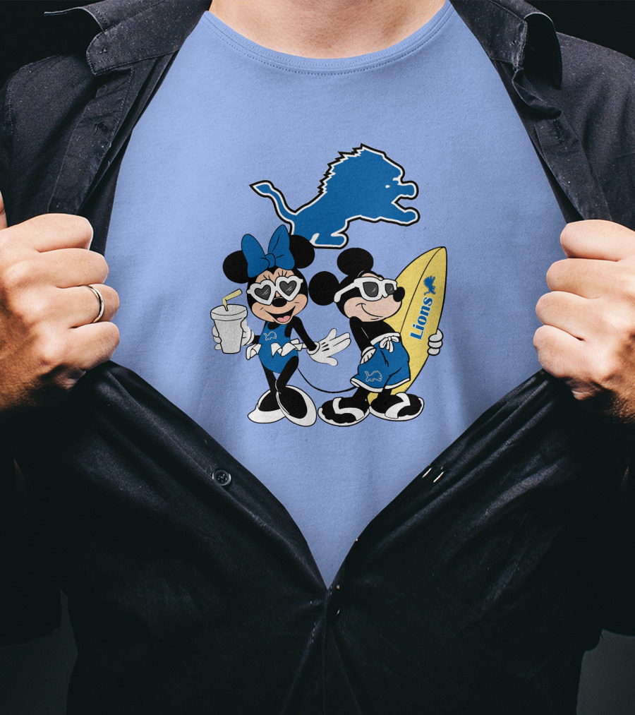 Lions Mickey And Minnie Happy Vacation With Surfboard And Drink T-Shirt