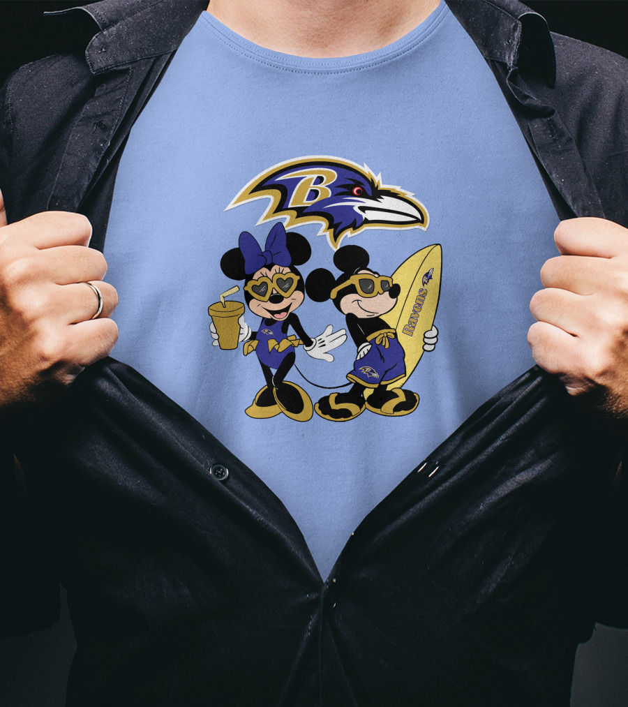 Ravens Mickey Minnie Vacation Surfing Football Fan Celebration T-Shirt