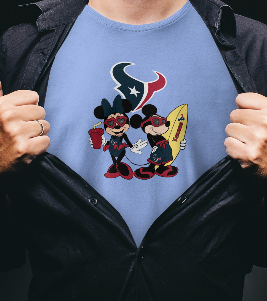 Texans Mickey And Minnie Happy Vacation Surfboard And Drink T-Shirt