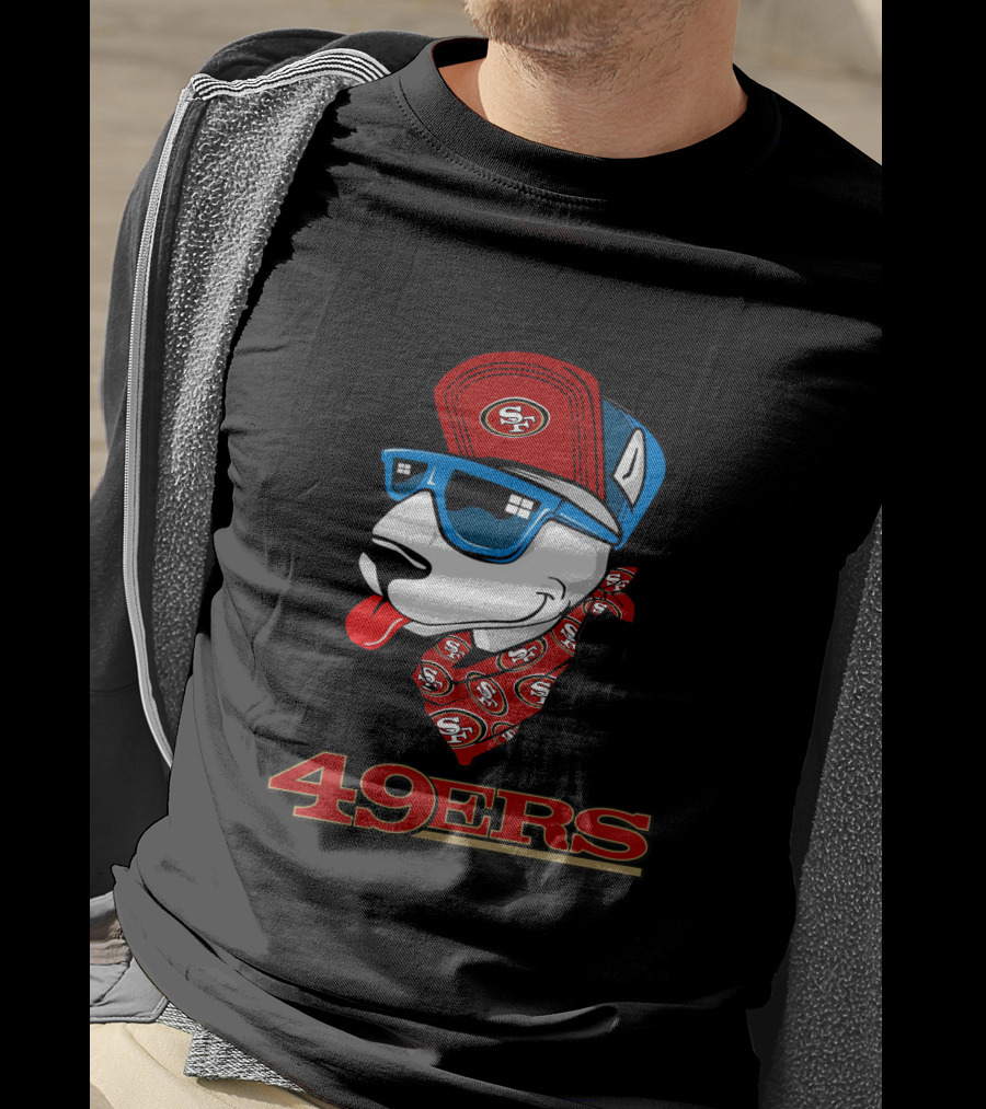 49ers Bull Terrier San Francisco Style Dog Wearing Logo Hat And Sunglasses T-Shirt