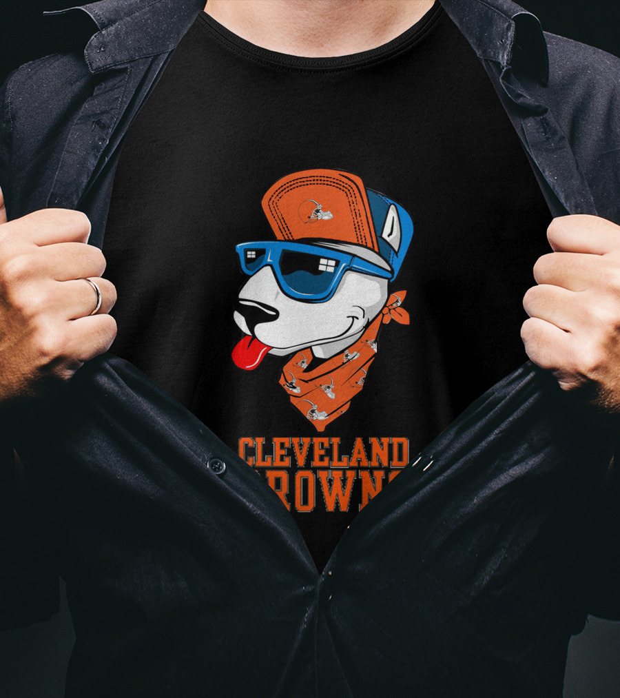 Cleveland Browns Bull Terrier With Sunglasses And Bandana T-Shirt