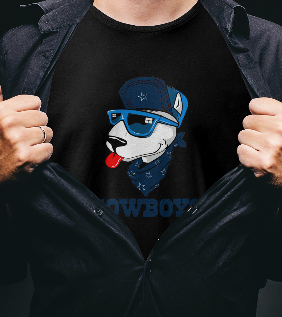 Cowboys Bull Terrier In Blue Sunglasses And Bandana T-Shirt