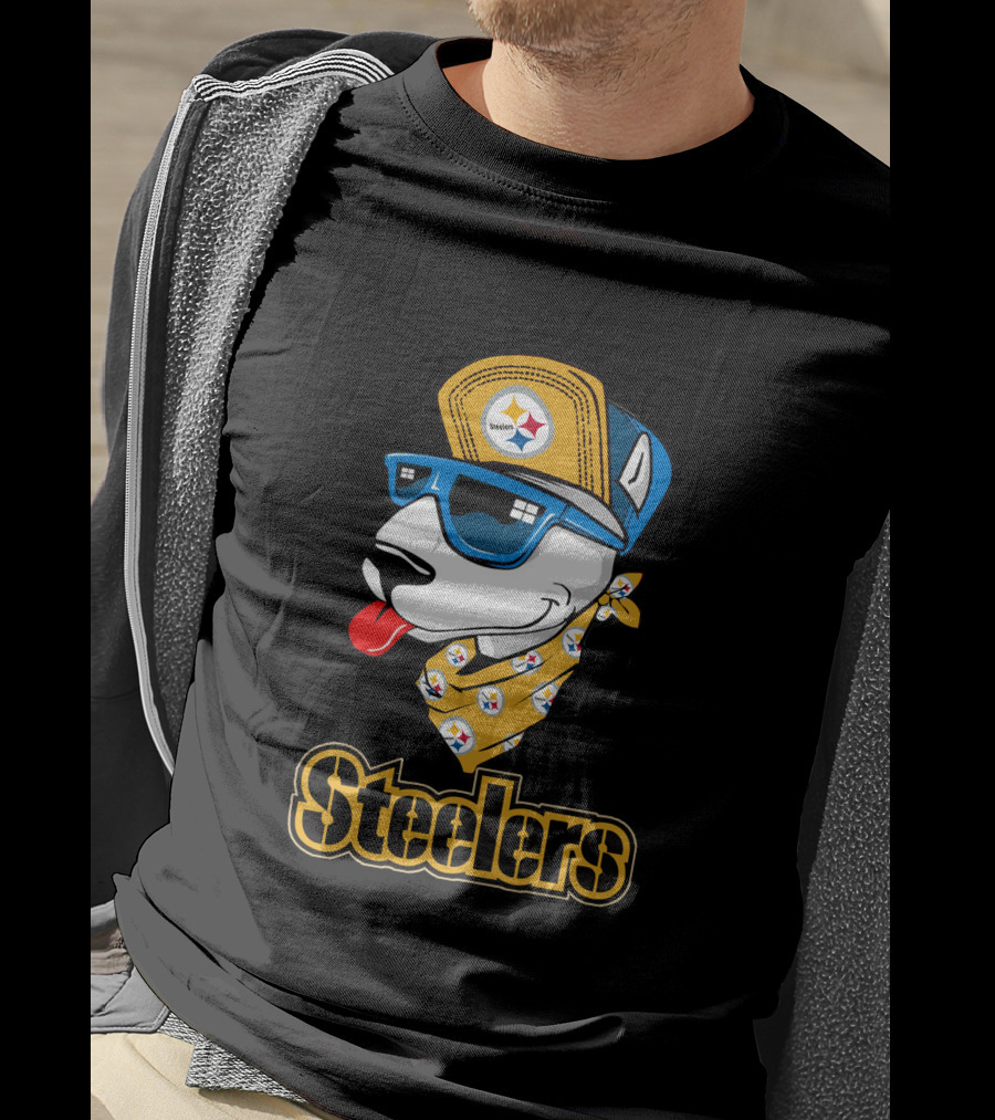 Steelers Bull Terrier Wearing Cap And Sunglasses With Logo Bandana T-Shirt