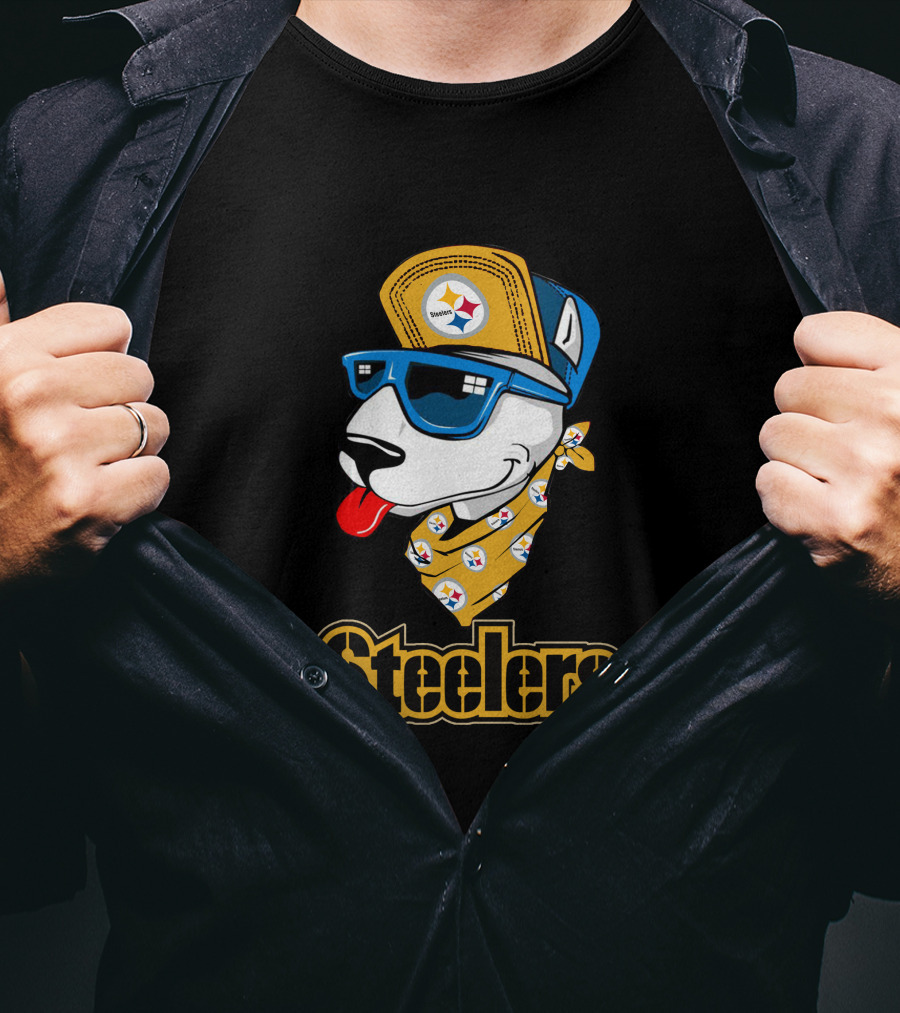 Steelers Bull Terrier Wearing Cap And Sunglasses With Logo Bandana T-Shirt