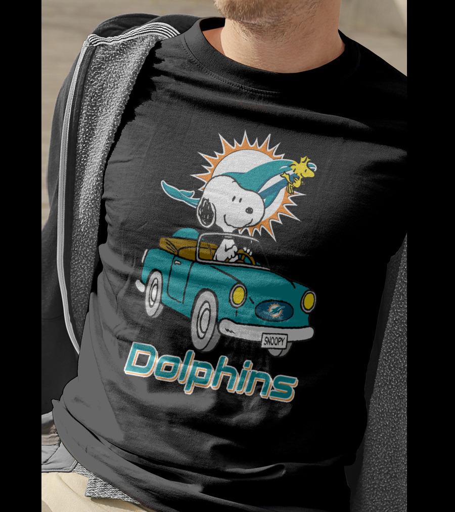 Miami Dolphins Snoopy Driving Car With Woodstock T-Shirt