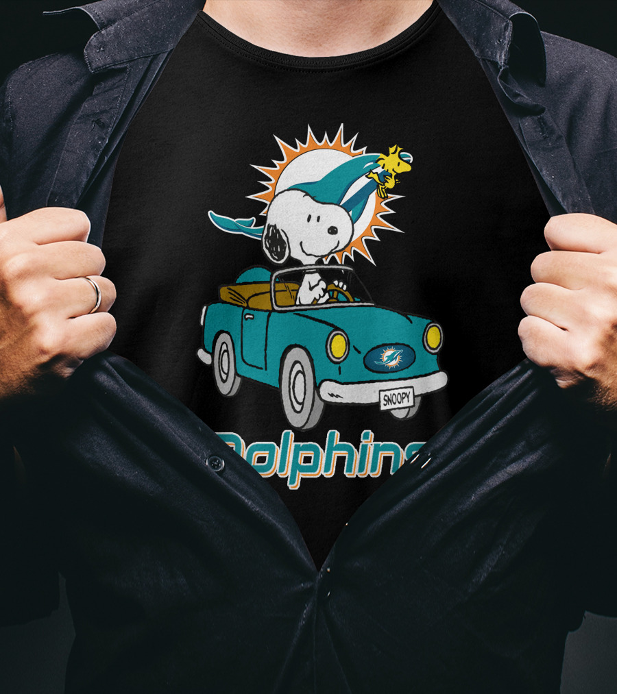 Miami Dolphins Snoopy Driving Car With Woodstock T-Shirt