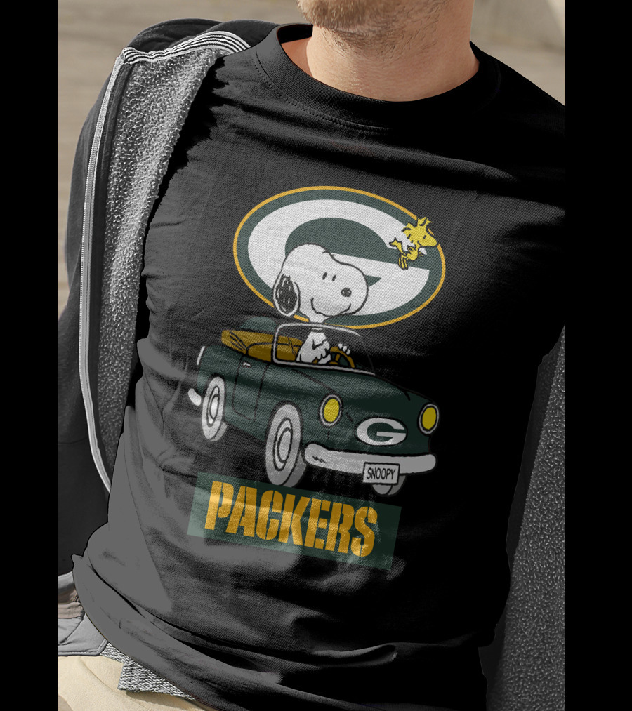 Packers Snoopy Driving Car With Woodstock And Packers T-Shirt