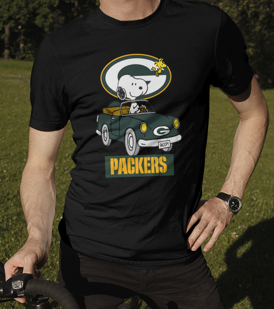 Packers Snoopy Driving Car With Woodstock And Packers T-Shirt