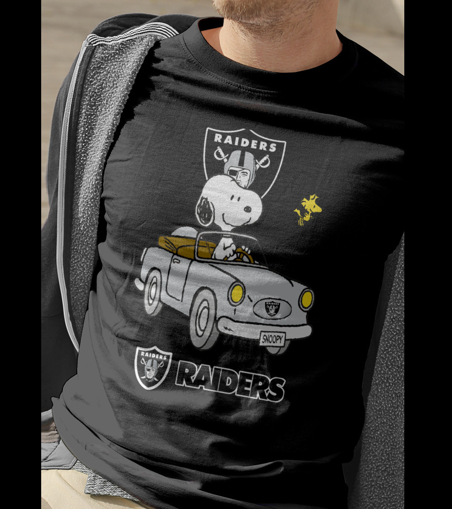 Raiders Snoopy Driving Cartoon With Woodstock And NFL T-Shirt