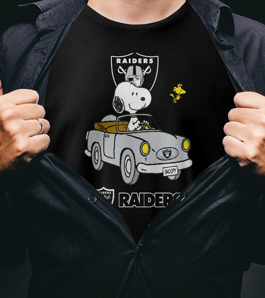 Raiders Snoopy Driving Cartoon With Woodstock And NFL T-Shirt