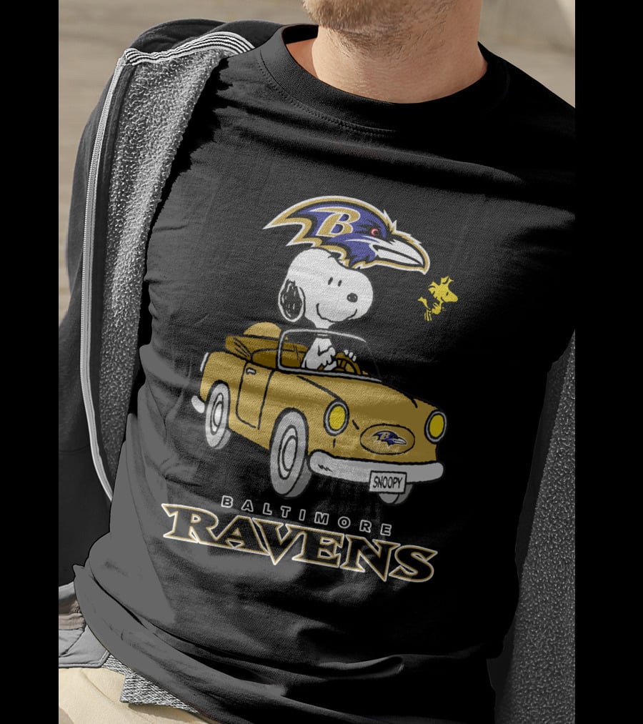 Baltimore Ravens Snoopy Driving Car With Woodstock T-Shirt