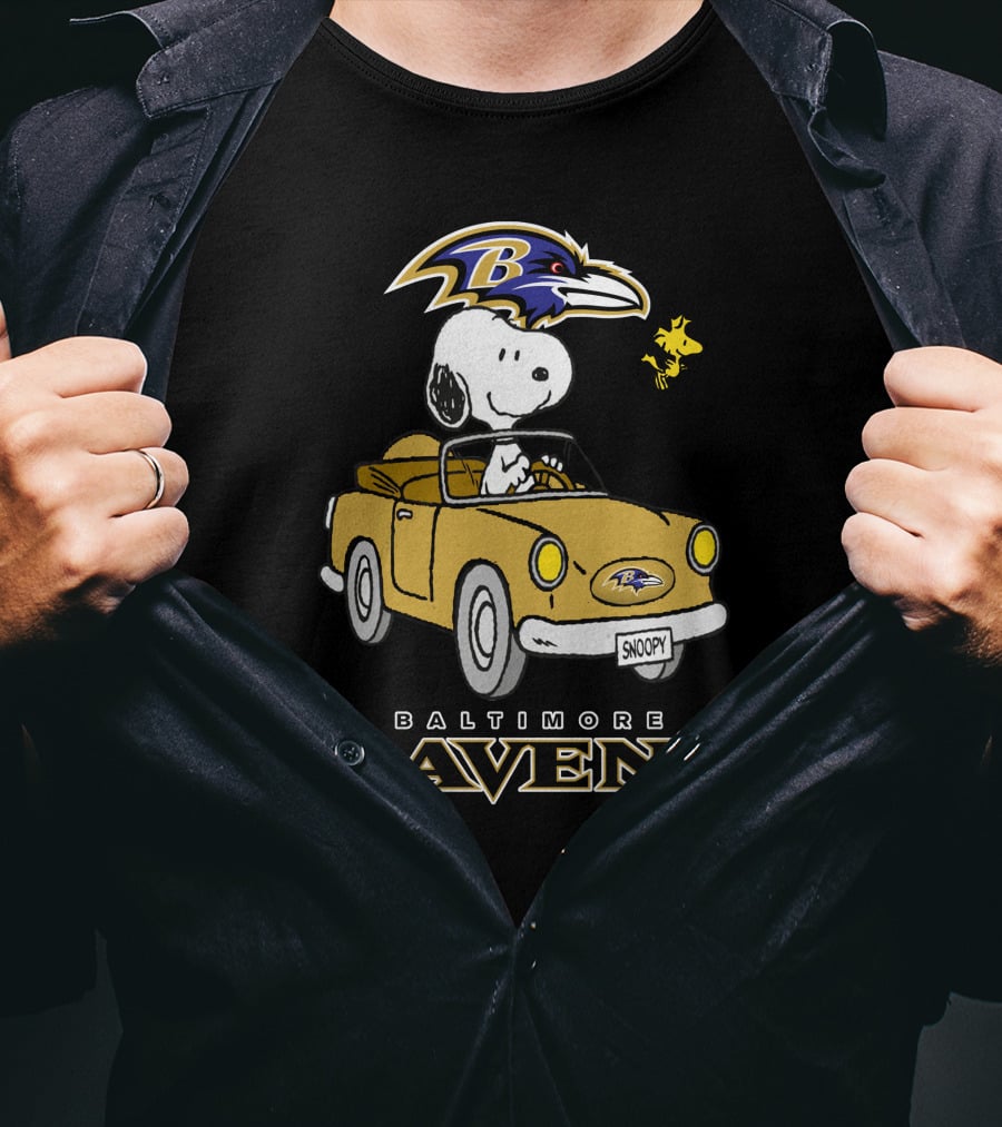 Baltimore Ravens Snoopy Driving Car With Woodstock T-Shirt
