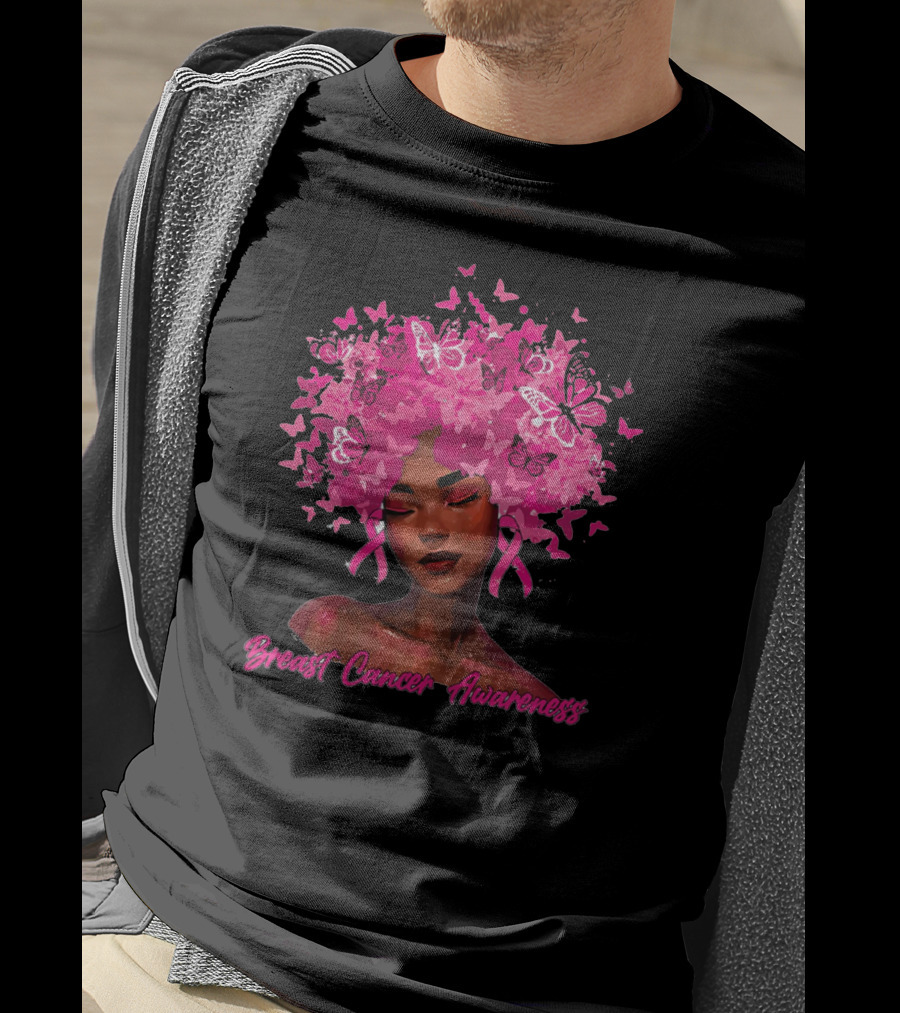 Black Queen Breast Cancer Awareness Month Butterflies Pink T-Shirt