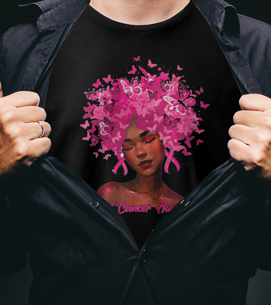 Black Queen Breast Cancer Awareness Month Butterflies Pink T-Shirt