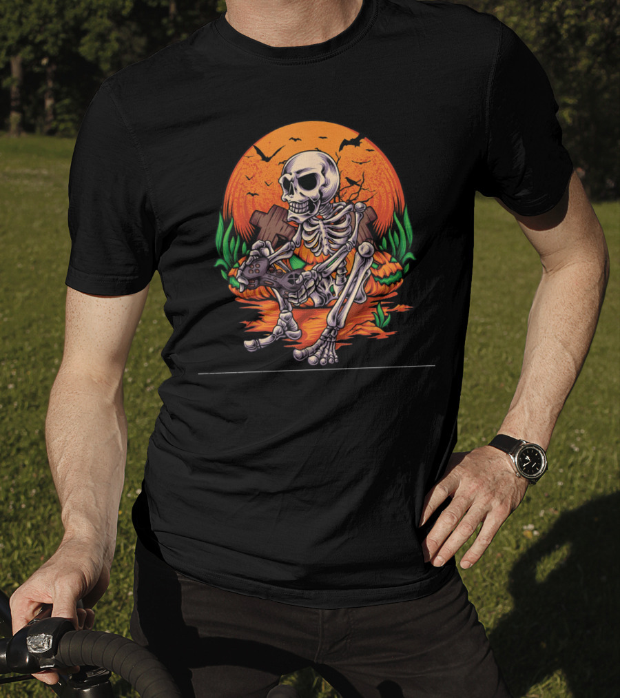 Skeleton Gamer Halloween Pumpkin Bat Gaming Controller Scene T-Shirt