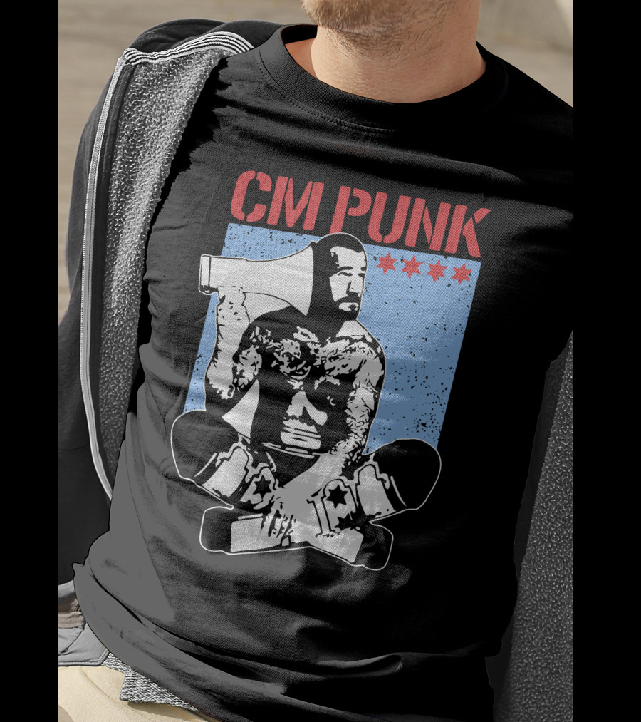 CM Punk AEW All Elite Wrestling Megaphone Graphic With Red Stars T-Shirt