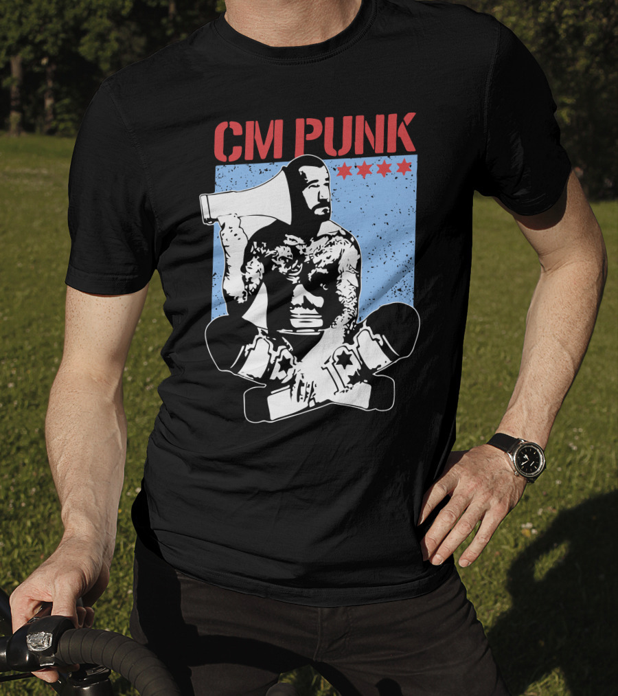 CM Punk AEW All Elite Wrestling Megaphone Graphic With Red Stars T-Shirt
