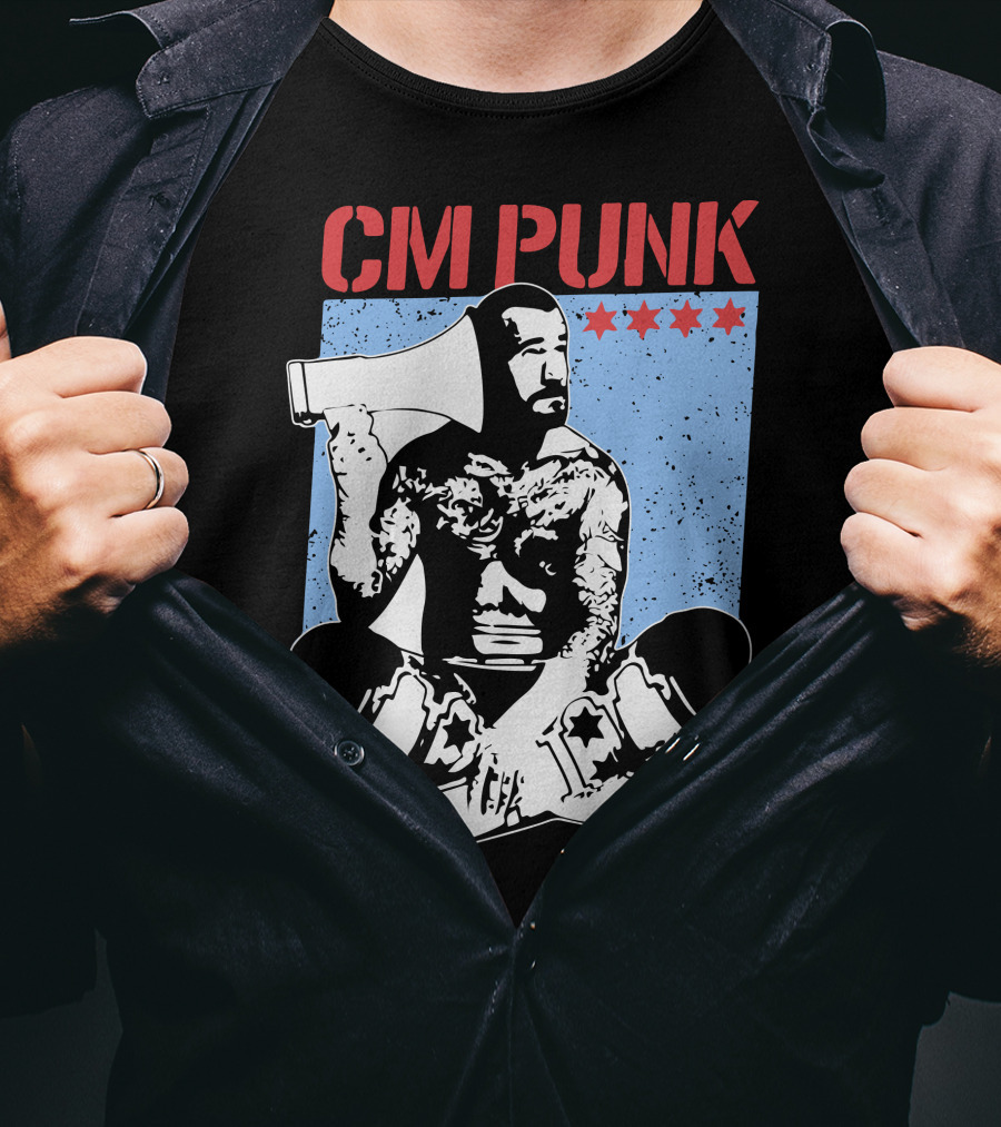 CM Punk AEW All Elite Wrestling Megaphone Graphic With Red Stars T-Shirt