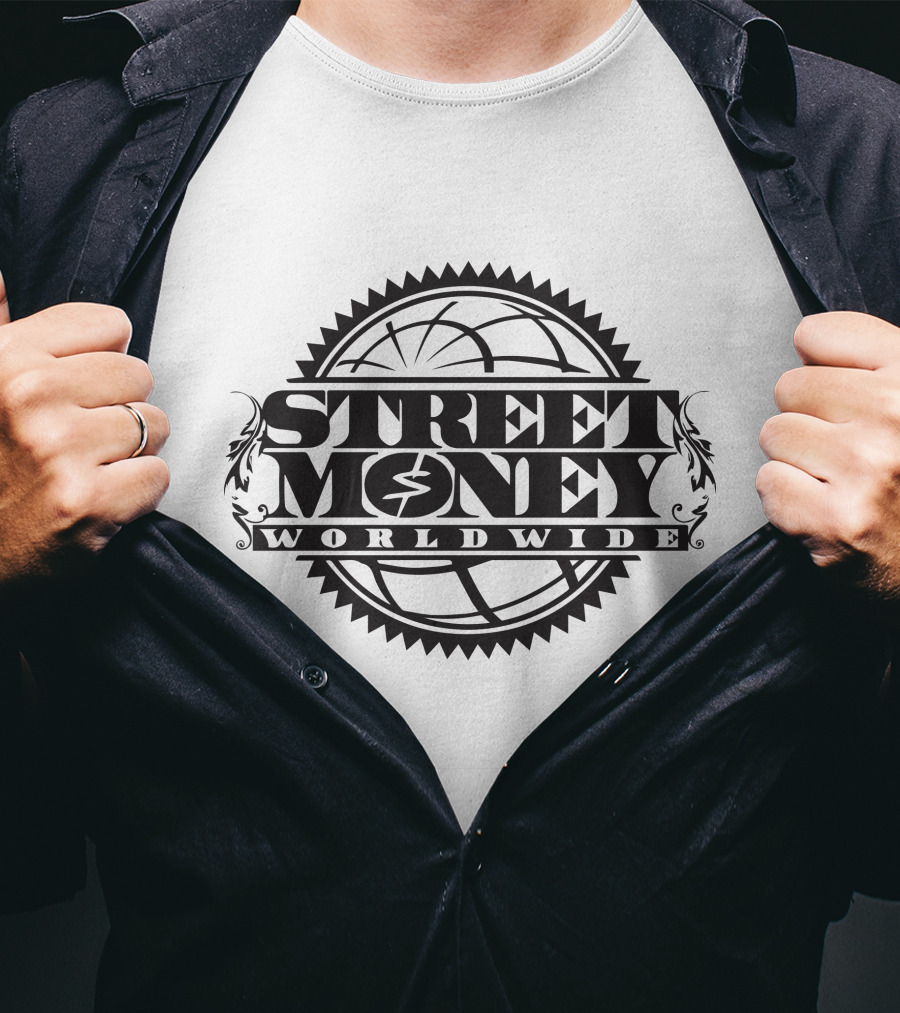 STREET MONEY WORLDWIDE Globe Emblem With Stylized Dollar T-Shirt