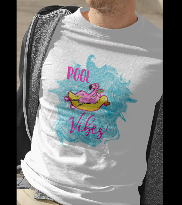 Pool Vibes Flamingo On Inflatable Duck With Blue Swirl Background T-Shirt