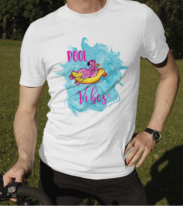 Pool Vibes Flamingo On Inflatable Duck With Blue Swirl Background T-Shirt