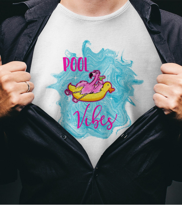 Pool Vibes Flamingo On Inflatable Duck With Blue Swirl Background T-Shirt