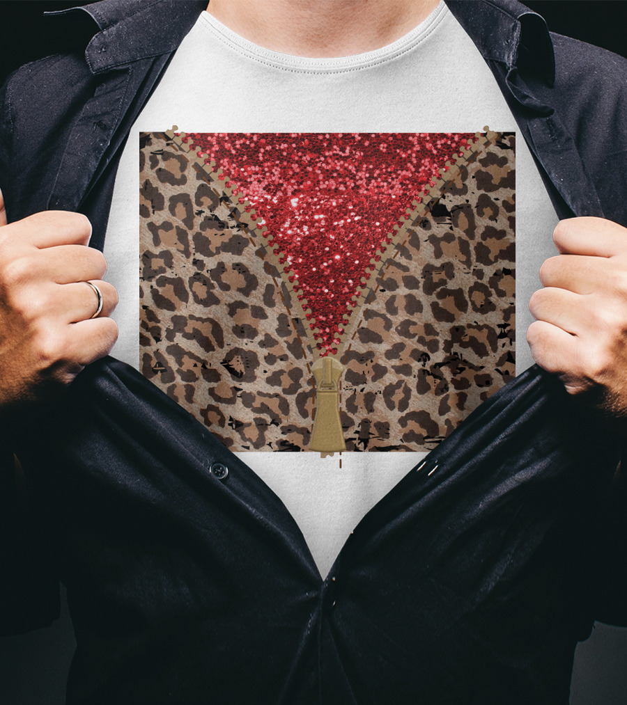 Red Faux Glitter Leopard Zipper Tumbler T-Shirt