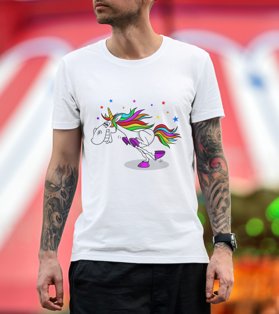 Awesome Unicorn Twinkles Rainbow Kicking Fun Stars Vibrant Mane T-Shirt
