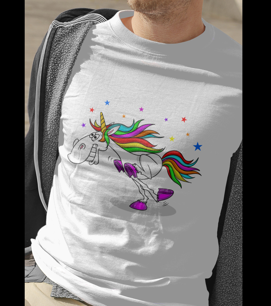 Awesome Unicorn Twinkles Rainbow Kicking Fun Stars Vibrant Mane T-Shirt