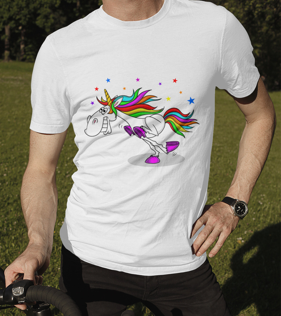 Awesome Unicorn Twinkles Rainbow Kicking Fun Stars Vibrant Mane T-Shirt