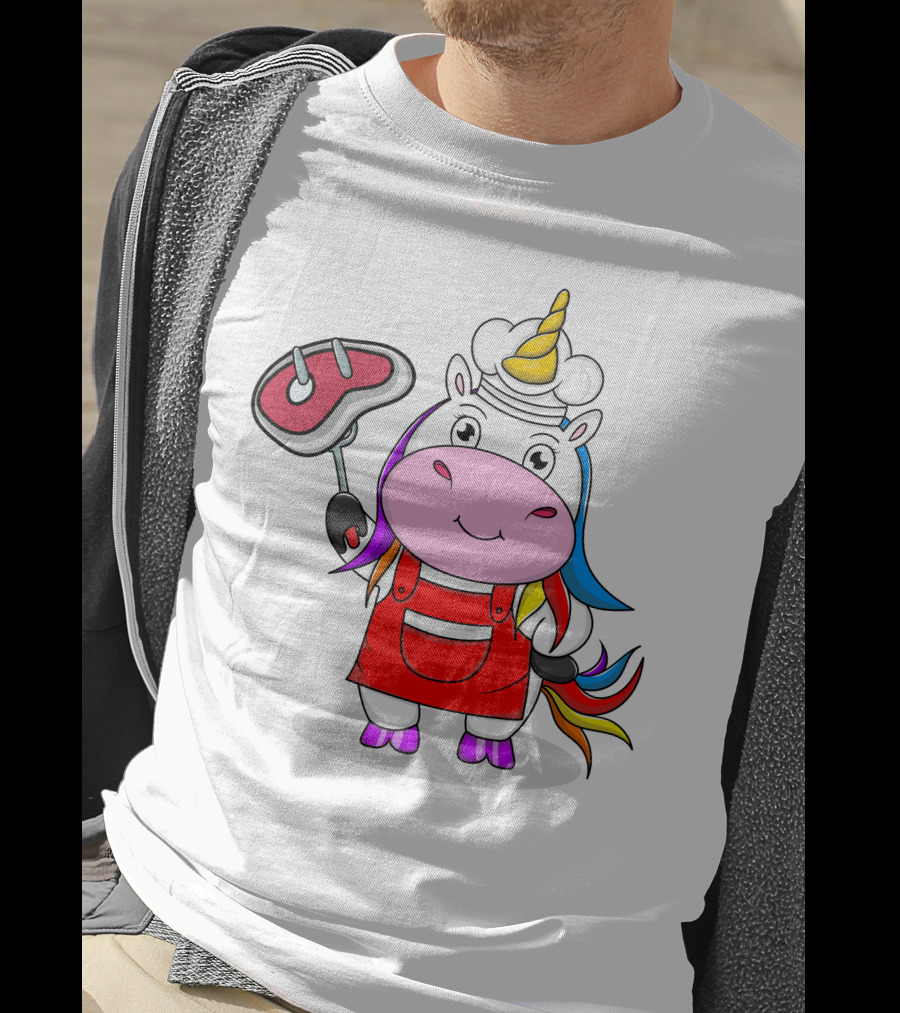 Barbecue Unicorn Chef With Rainbow Mane And Grilled Steak T-Shirt