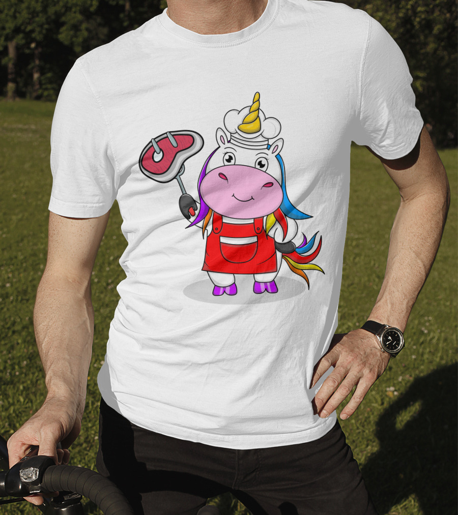 Barbecue Unicorn Chef With Rainbow Mane And Grilled Steak T-Shirt