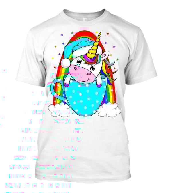 Christmas Unicorn In Cup Rainbow Santa Hat Stars T-Shirt