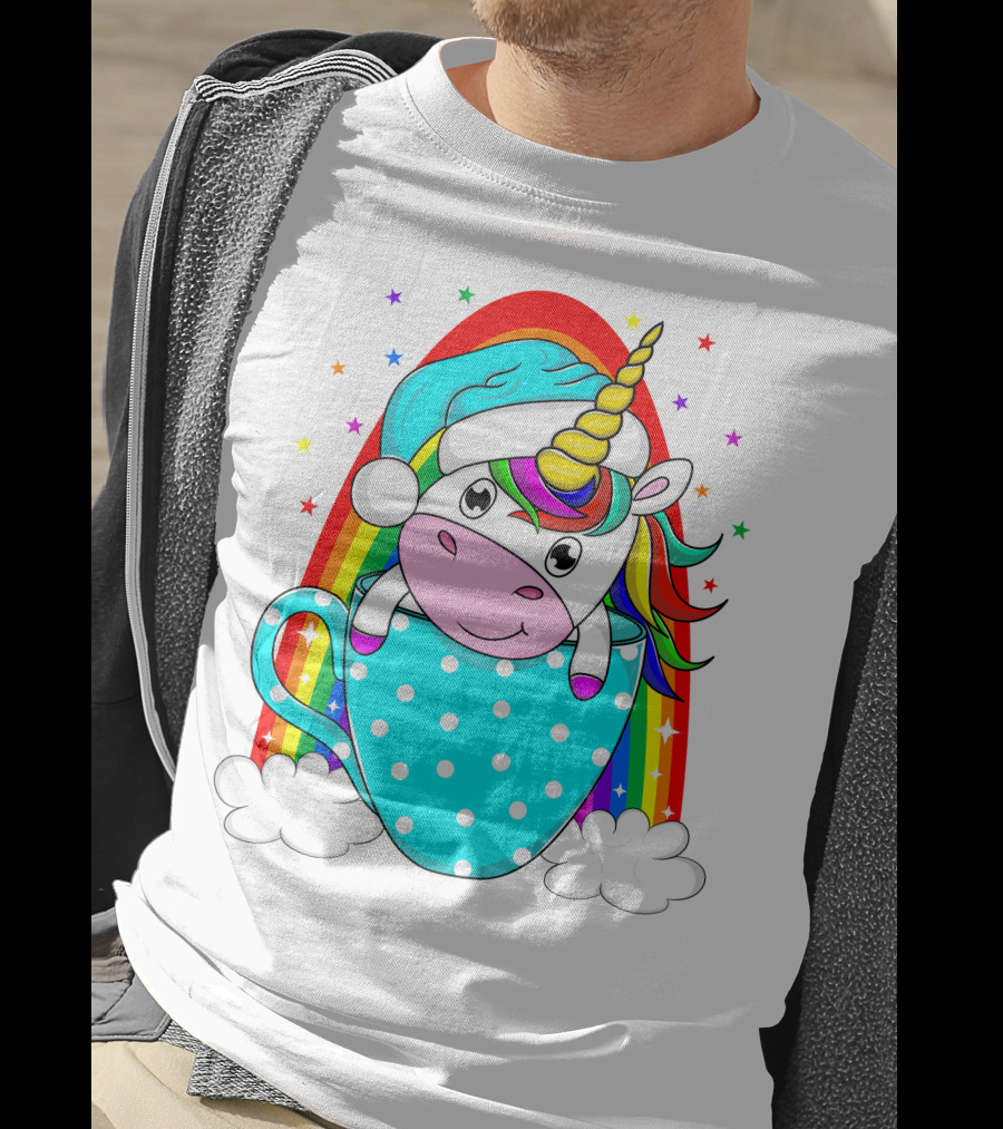 Christmas Unicorn In Cup Rainbow Santa Hat Stars T-Shirt