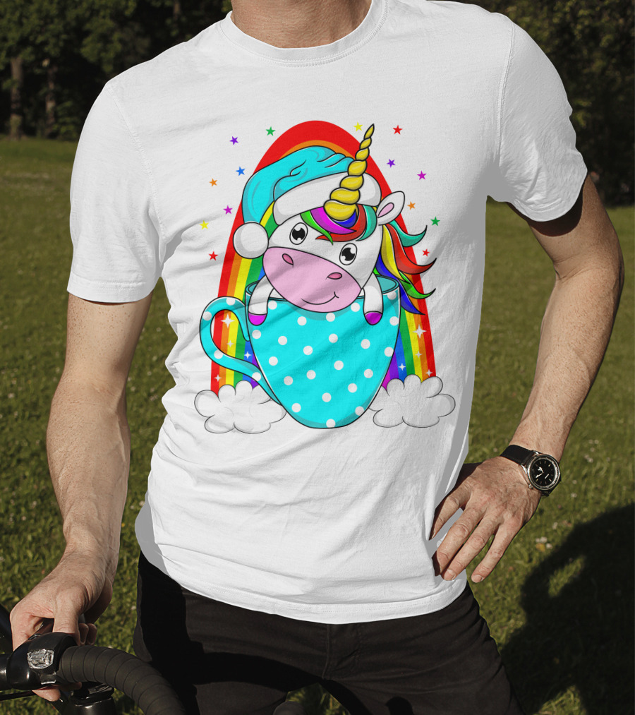 Christmas Unicorn In Cup Rainbow Santa Hat Stars T-Shirt