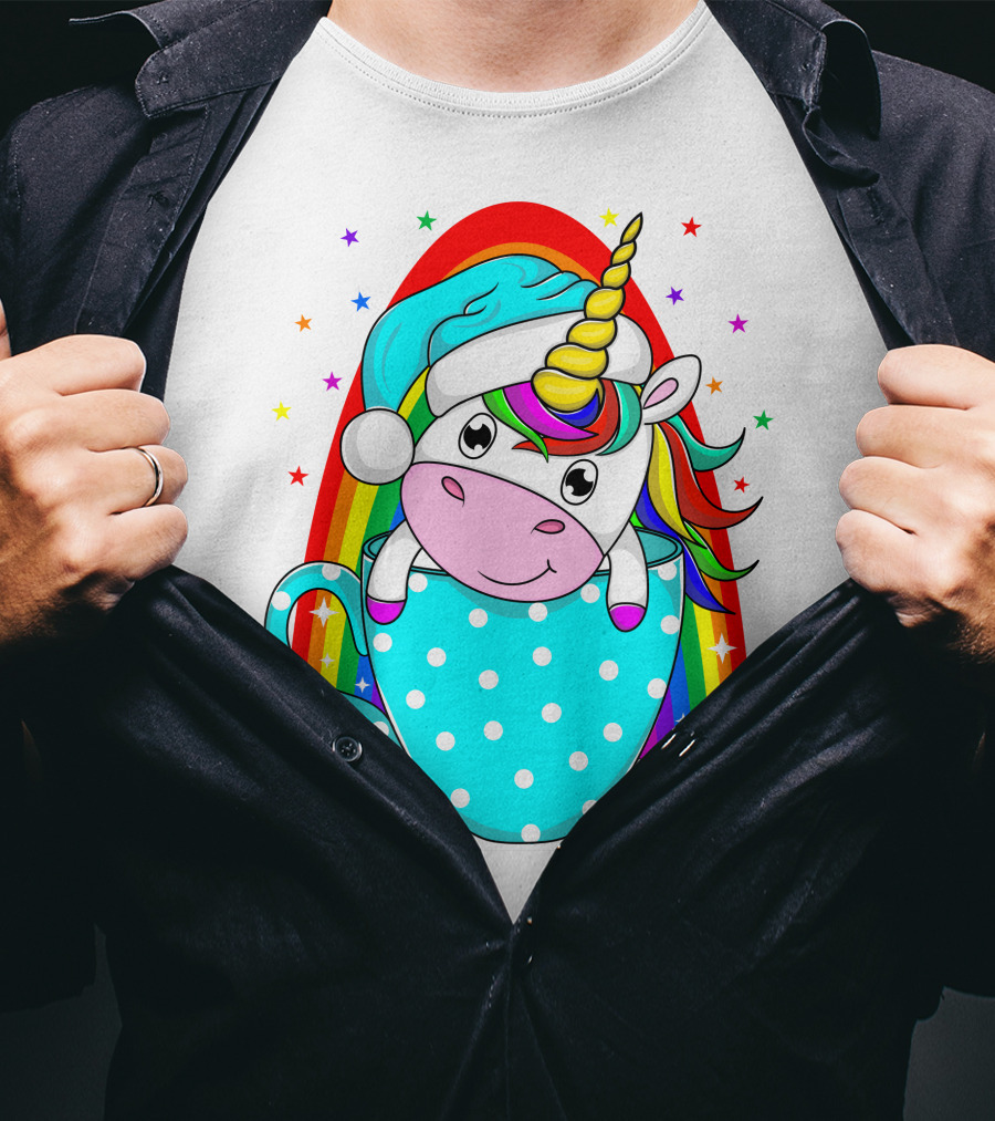 Christmas Unicorn In Cup Rainbow Santa Hat Stars T-Shirt