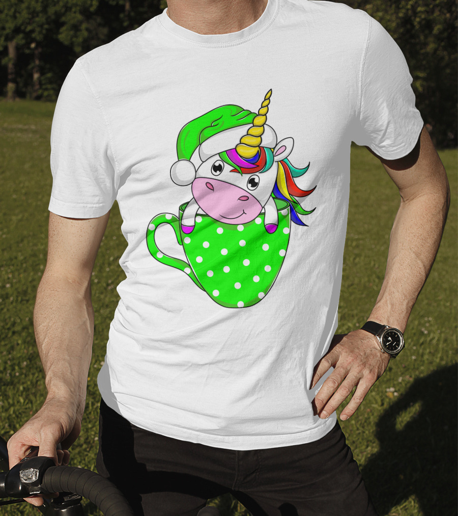 Funny Christmas Unicorn In Santa Hat With Green Polka Dot Cup T-Shirt