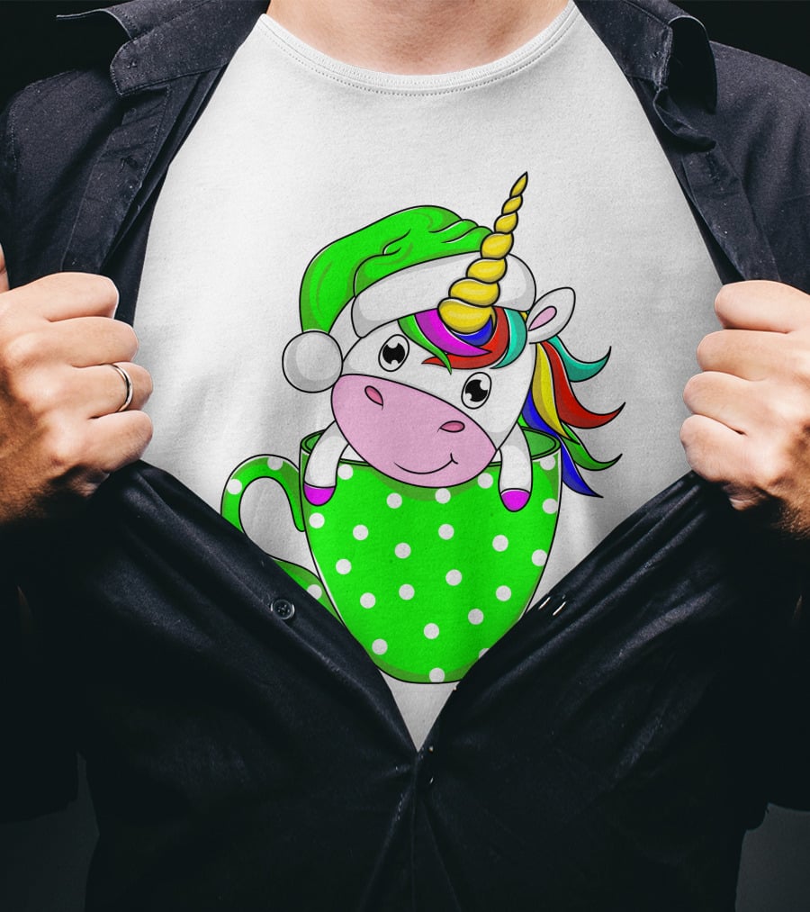 Funny Christmas Unicorn In Santa Hat With Green Polka Dot Cup T-Shirt