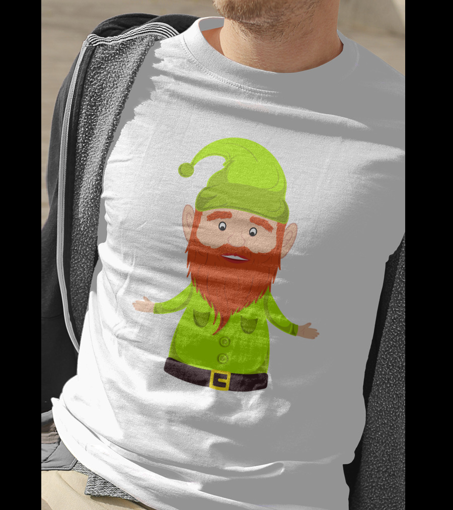 Gnome ELF Christmas Bright Green Hat Brown Belt Red Beard T-Shirt
