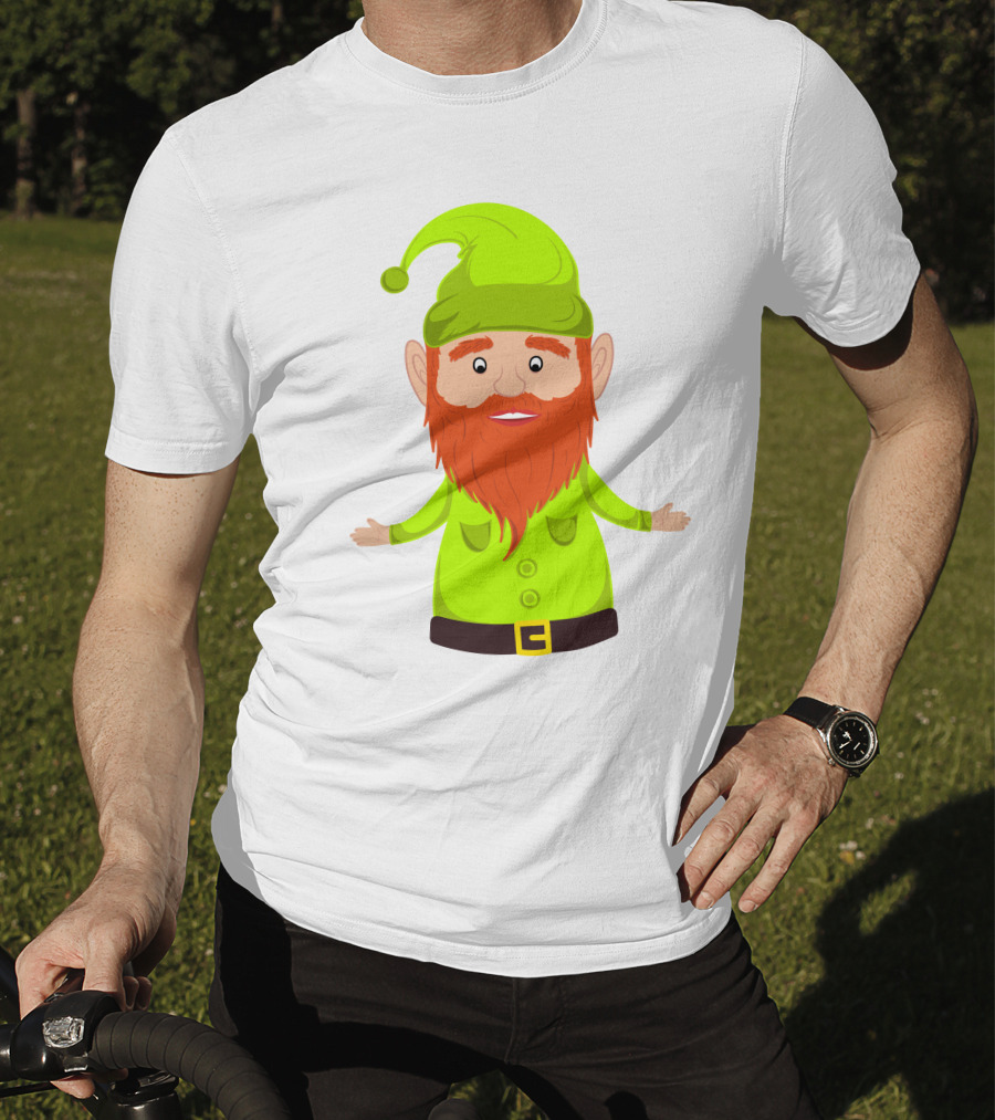 Gnome ELF Christmas Bright Green Hat Brown Belt Red Beard T-Shirt