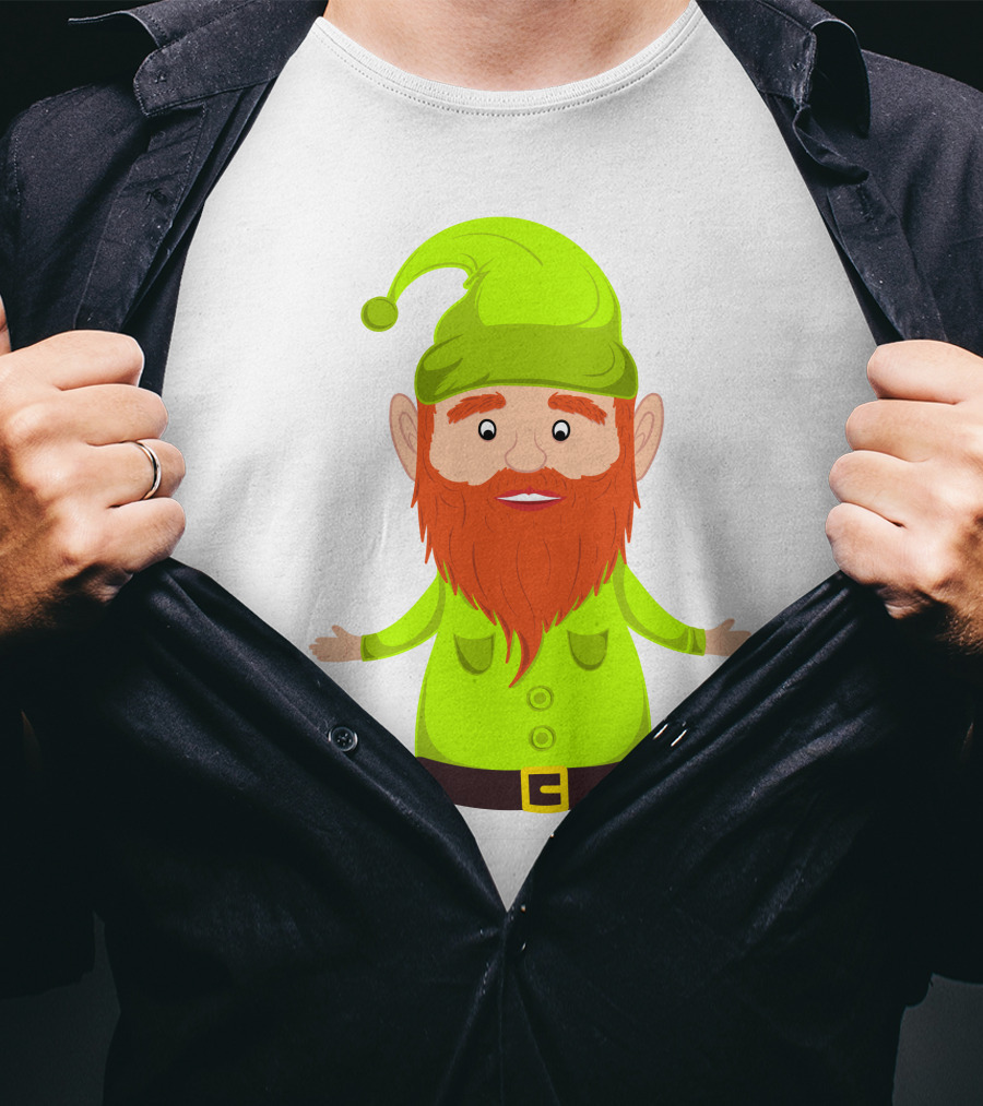 Gnome ELF Christmas Bright Green Hat Brown Belt Red Beard T-Shirt