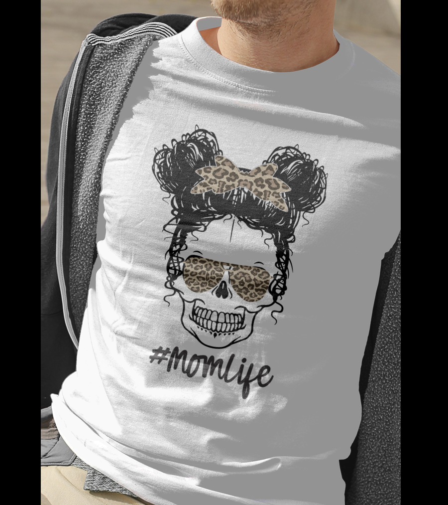 MomLife Messy Bun Skull Leopard Bow Sunglasses T-Shirt
